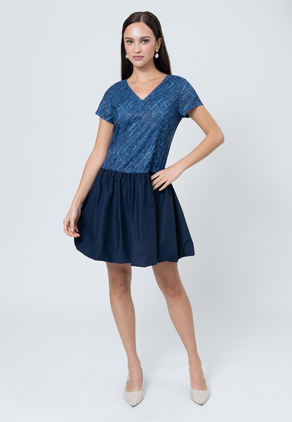 Tamsin Hatching Printed A-Line Dress with Contrast Plain Skirt