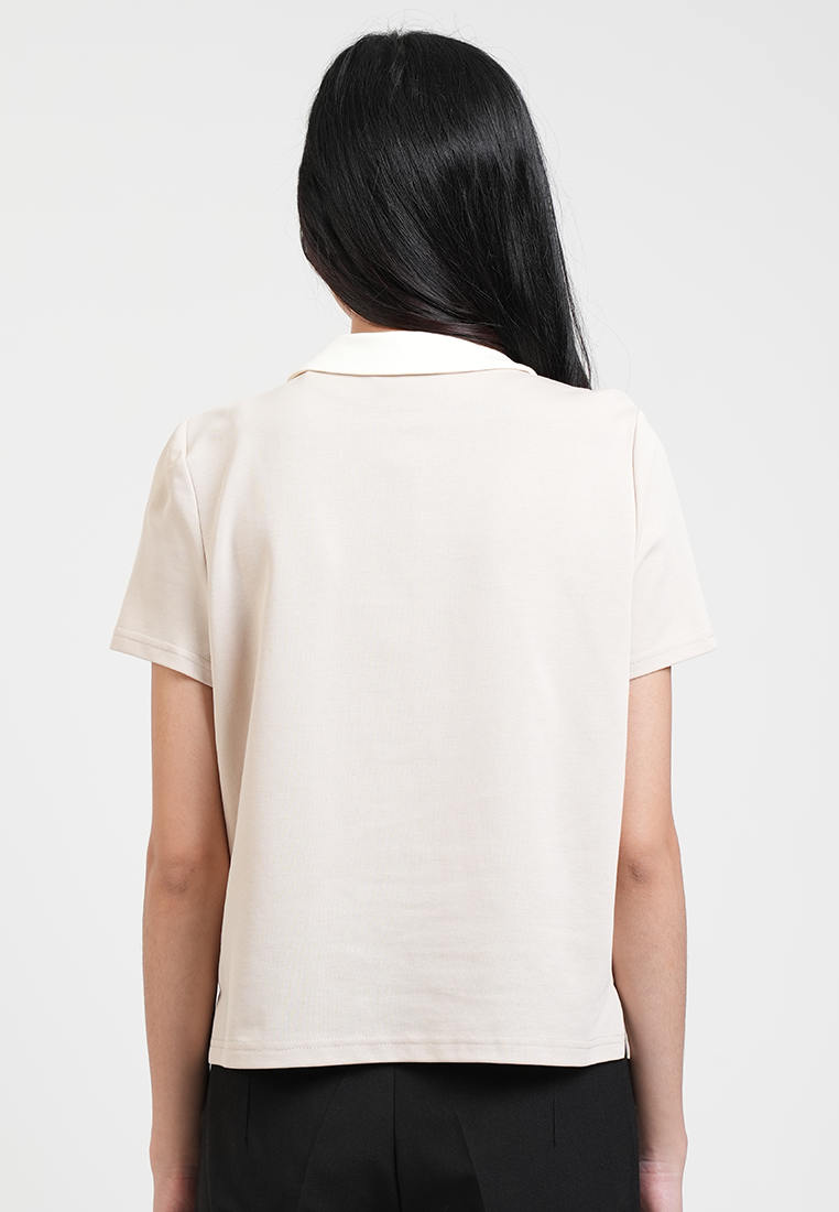 Vesper Button Placket Contrast-Collar Top