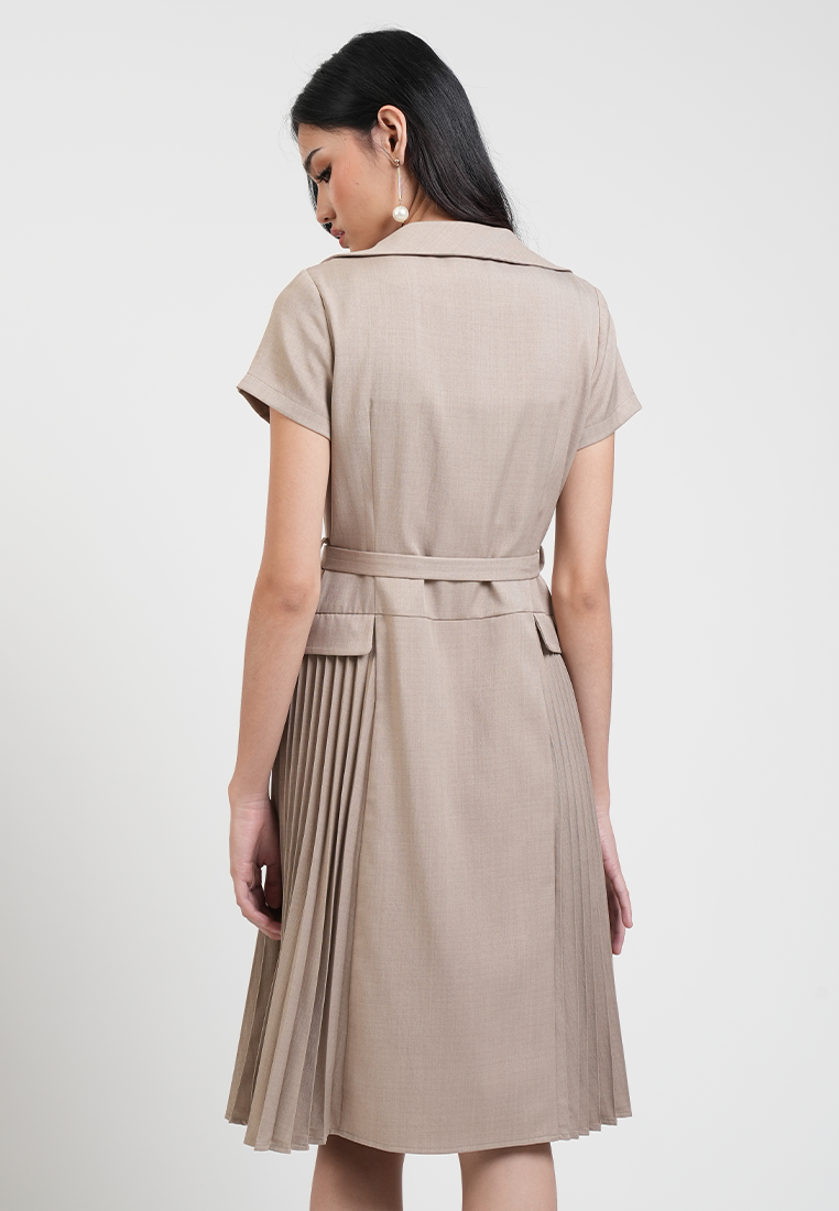 Claudette V-Neck Belted Pleated Hem Midi Dress
