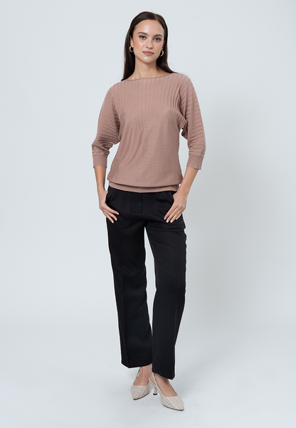 Moriah Knit Top with 3/4 Sleeves and Ribbing Details
