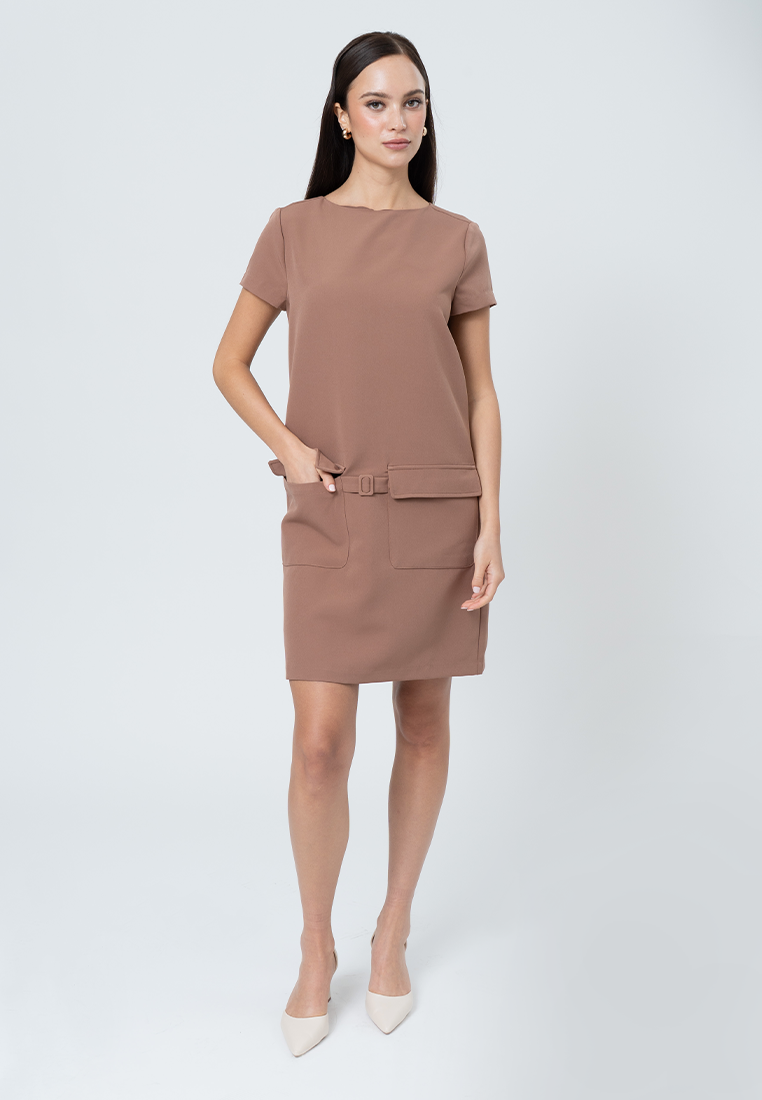Cove Boat Neck Shift Dress with Pocket Detail and Attached Belt