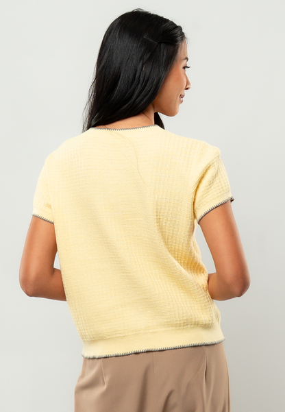 Elena Short-Sleeve Button-Front Knit Cardigan with Contrast Trim