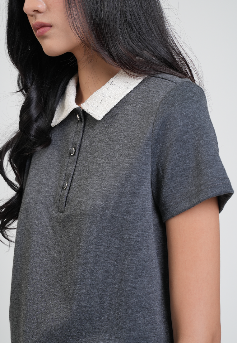 Mariella Contrast Tweed Collar Polo Top