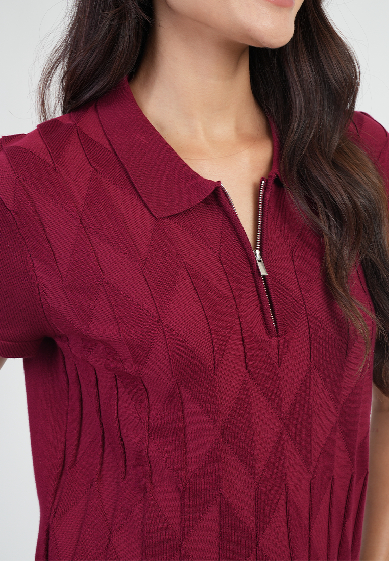 Maren Short Sleeves Polo Neck Diamond Knit Zip Top
