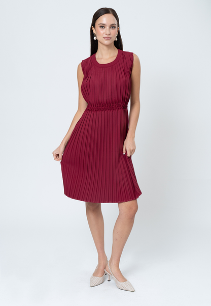 Isolde Pleated Sleeveless Shift Dress with Embroidery Waist Detail