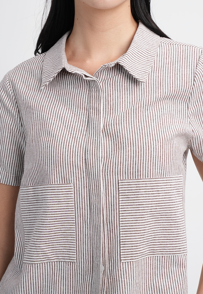 Emma Short Sleeve Striped Collared Button-Up Top Blouse