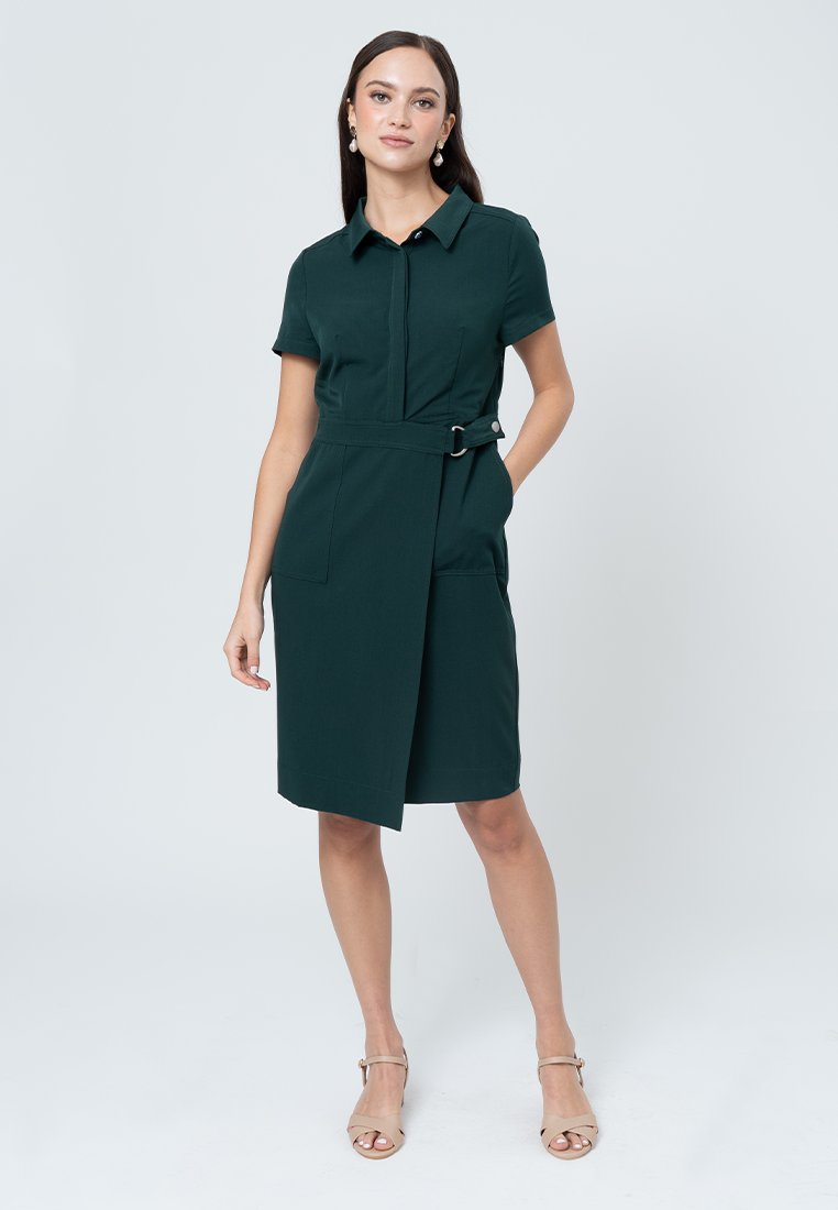 Maire Shift Dress with Structured Wrap Skirt Detail and D-Ring Accent