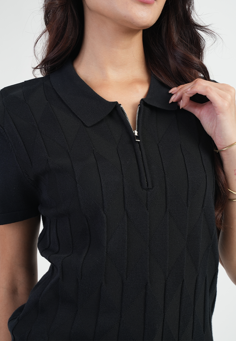 Maren Short Sleeves Polo Neck Diamond Knit Zip Top