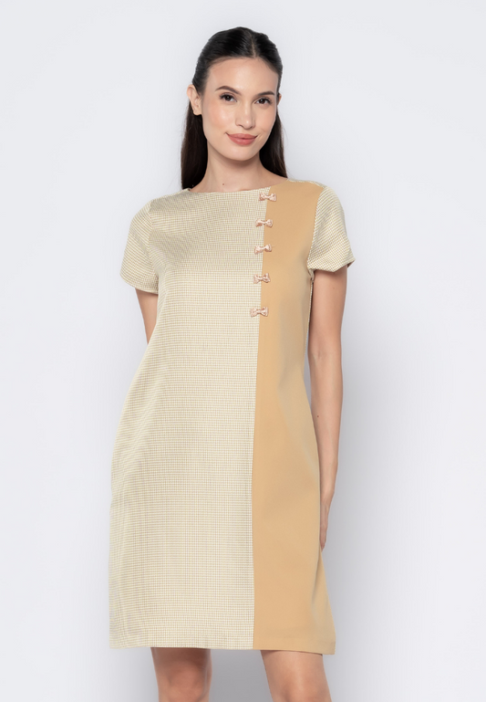 Fabric Mixed Shift Dress With Ribonettes