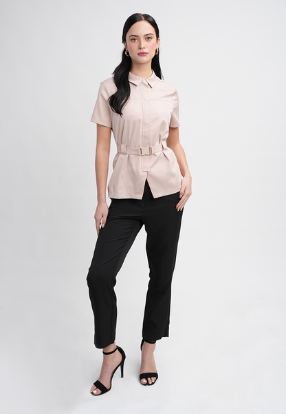 Sophia Belted Collared Top - Short Sleeve Button Blouse
