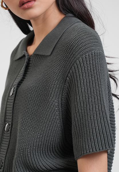 Estelle Collared Ribbed Knit Top with Curved Hem