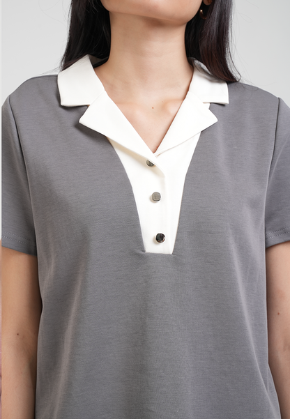 Vesper Button Placket Contrast-Collar Top