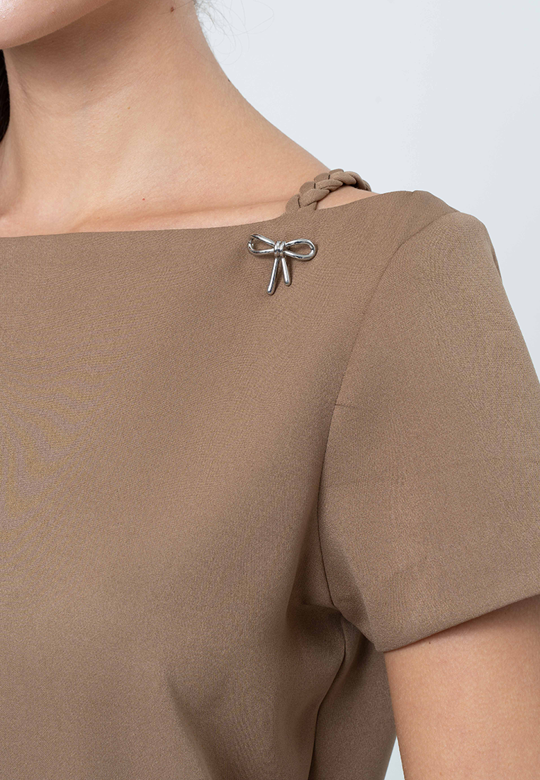 Fia Boat Neck Top with Decorative Ribbon Hardware and Braided Strap