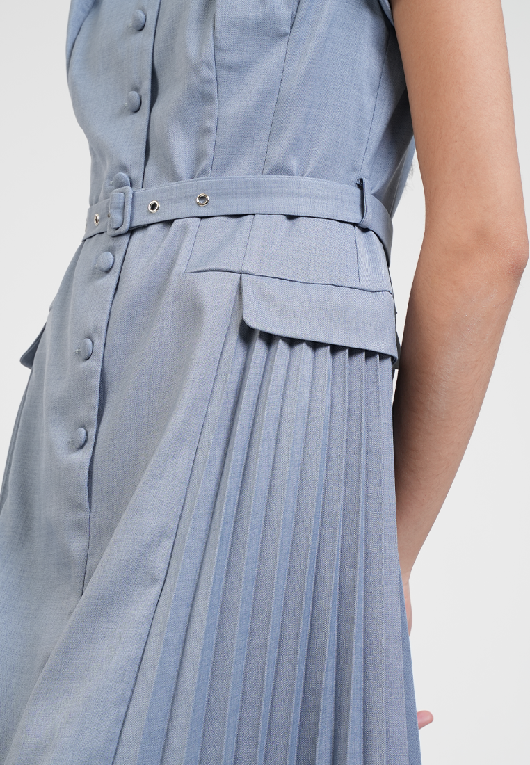 Claudette V-Neck Belted Pleated Hem Midi Dress