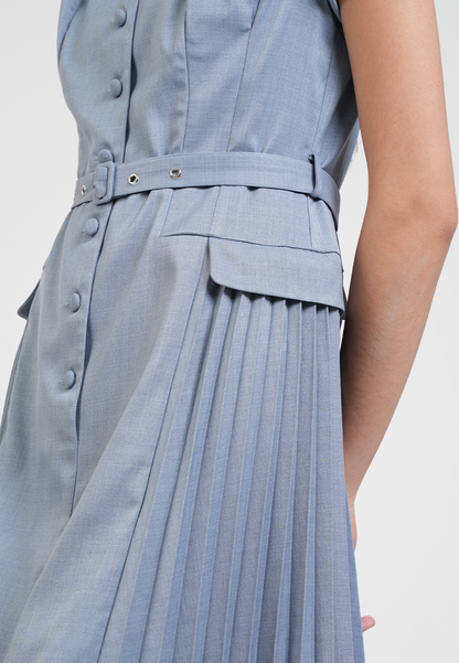 Claudette V-Neck Belted Pleated Hem Midi Dress