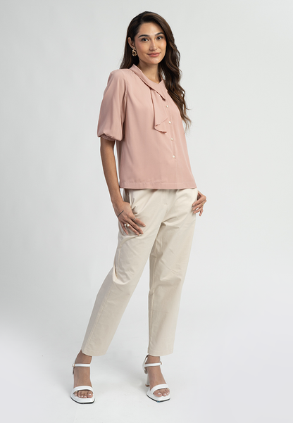 Vaela Contemporary Pussen Bow Short Sleeve Blouse