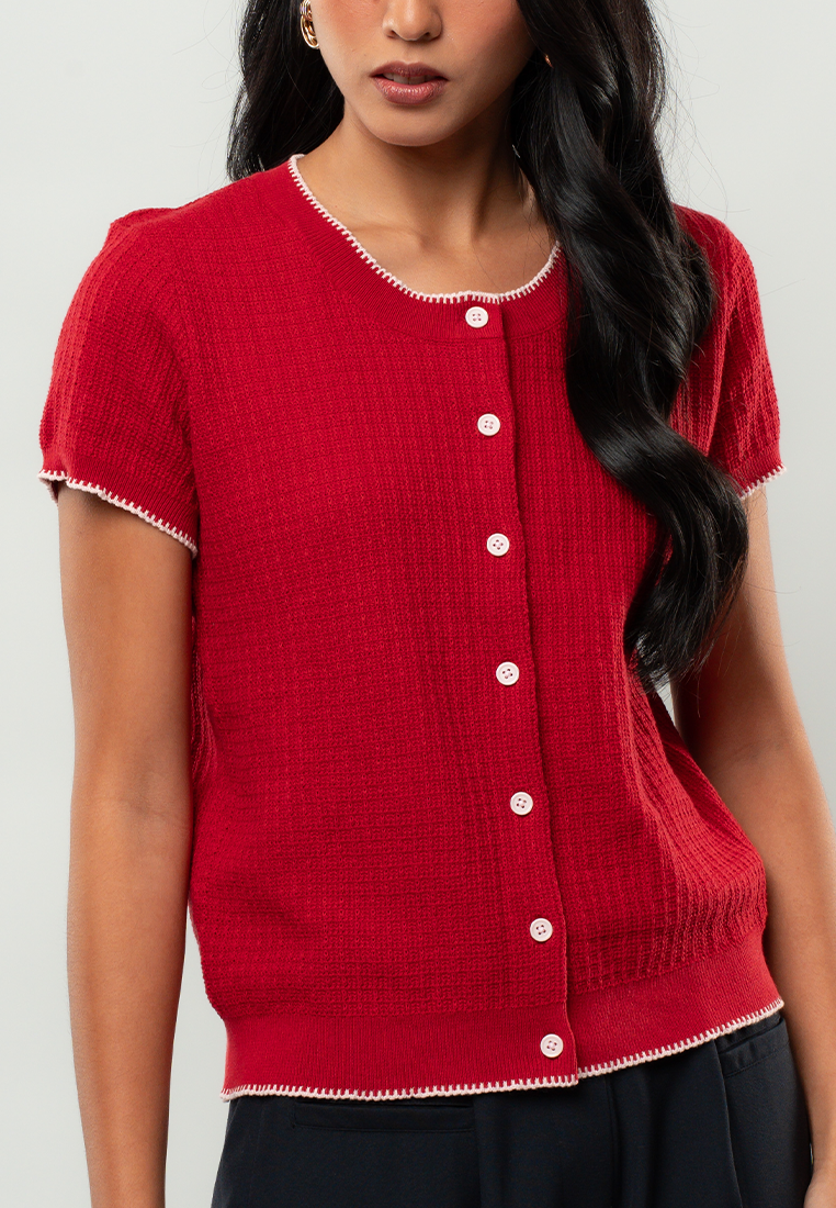 Elena Short-Sleeve Button-Front Knit Cardigan with Contrast Trim
