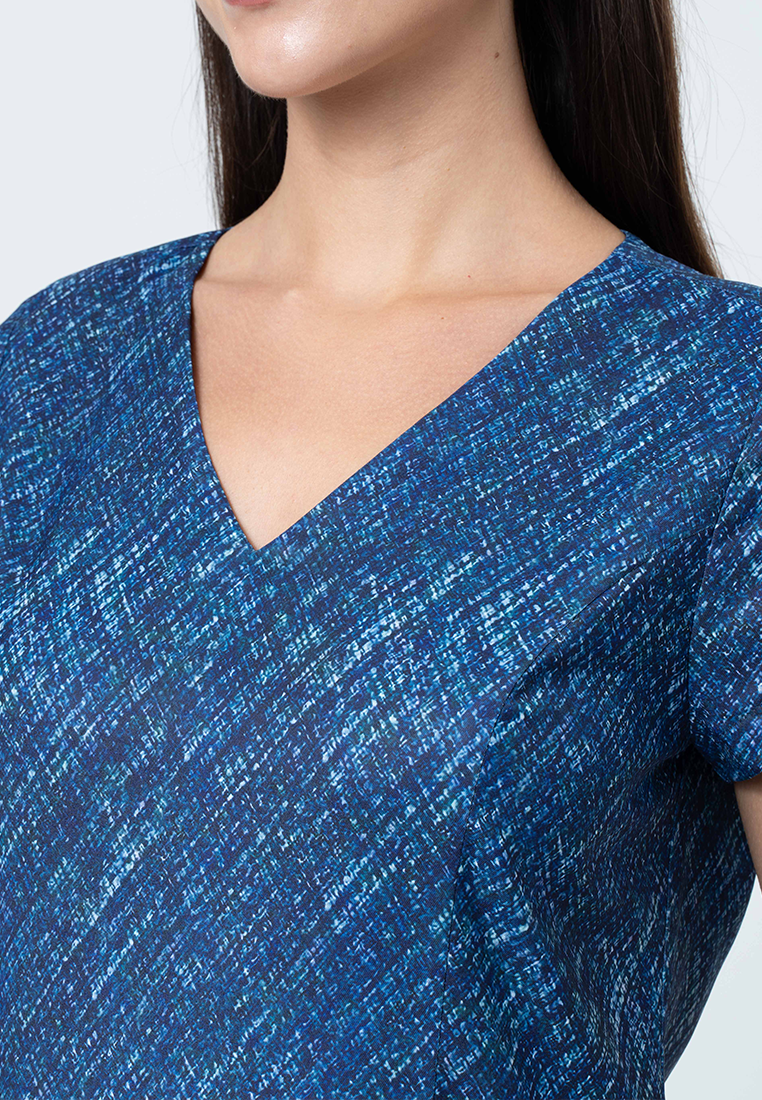 Tamsin Hatching Printed A-Line Dress with Contrast Plain Skirt