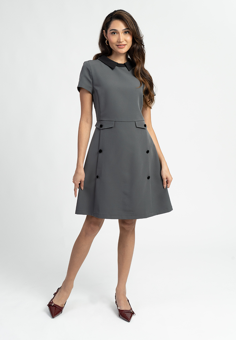 Ayla Short Sleeves Contrast Collar A-Line Midi Dress