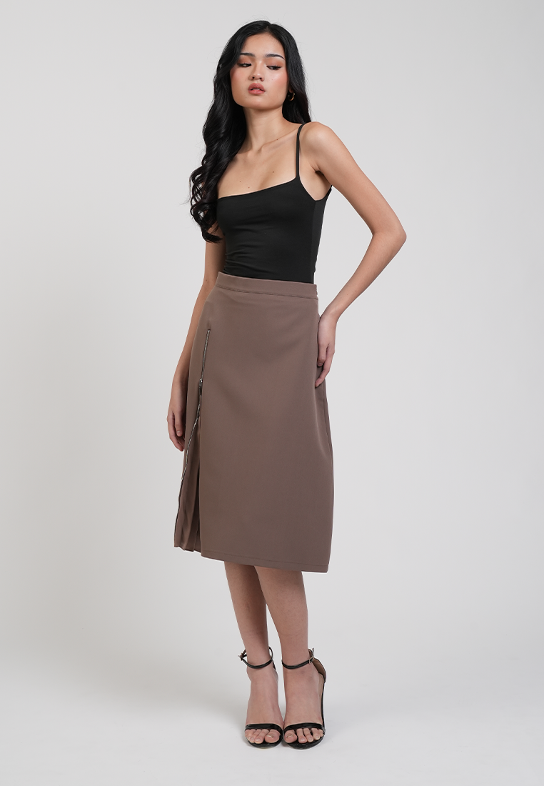 Natalia High Waisted Side-Zip Pleated Midi Skirt