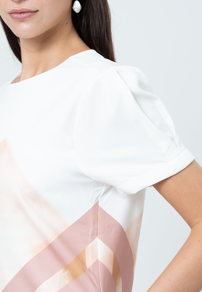 Verity Round Neck Geometric Printed Shift Dress with Semi-Gathered Short Sleeve