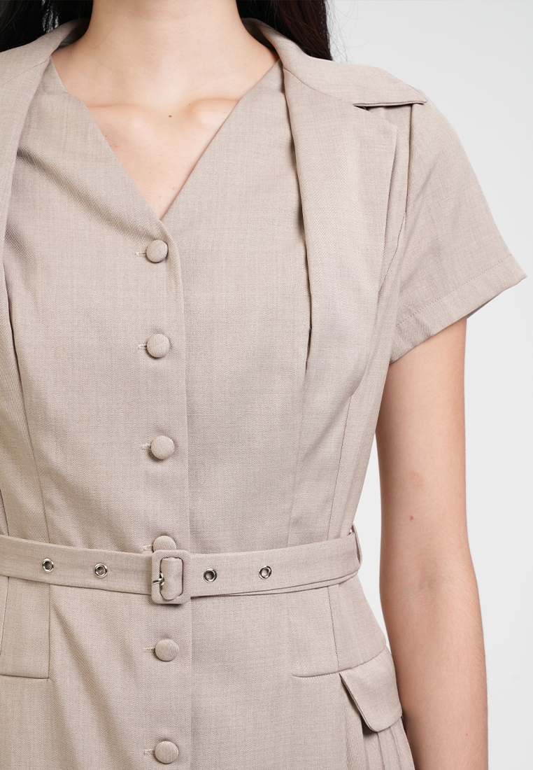 Claudette V-Neck Belted Pleated Hem Midi Dress