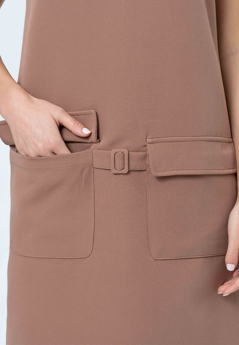 Cove Boat Neck Shift Dress with Pocket Detail and Attached Belt