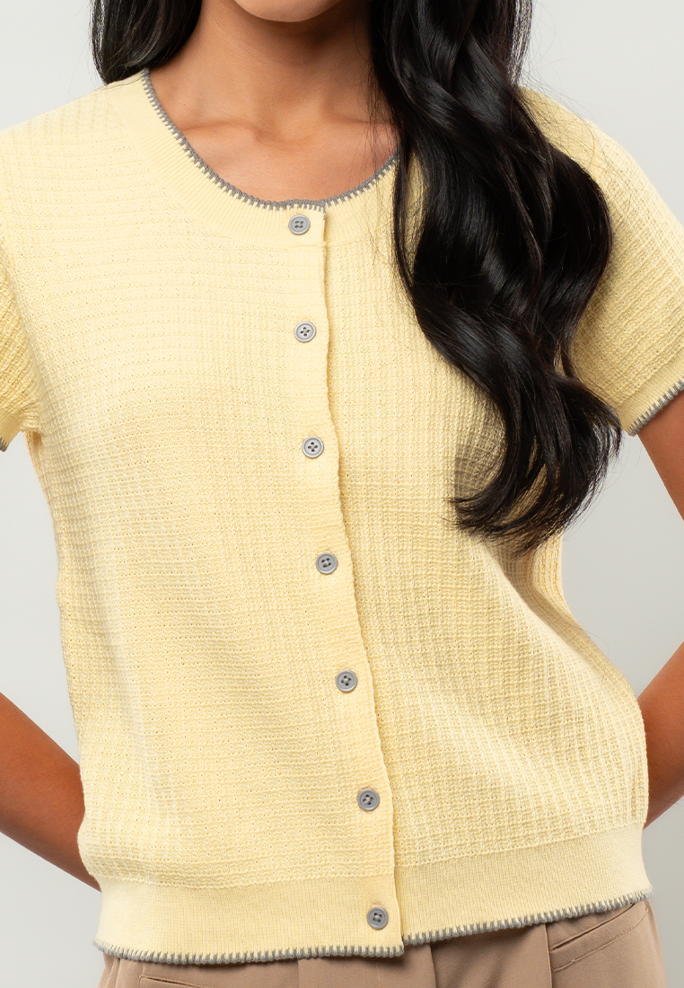 Elena Short-Sleeve Button-Front Knit Cardigan with Contrast Trim