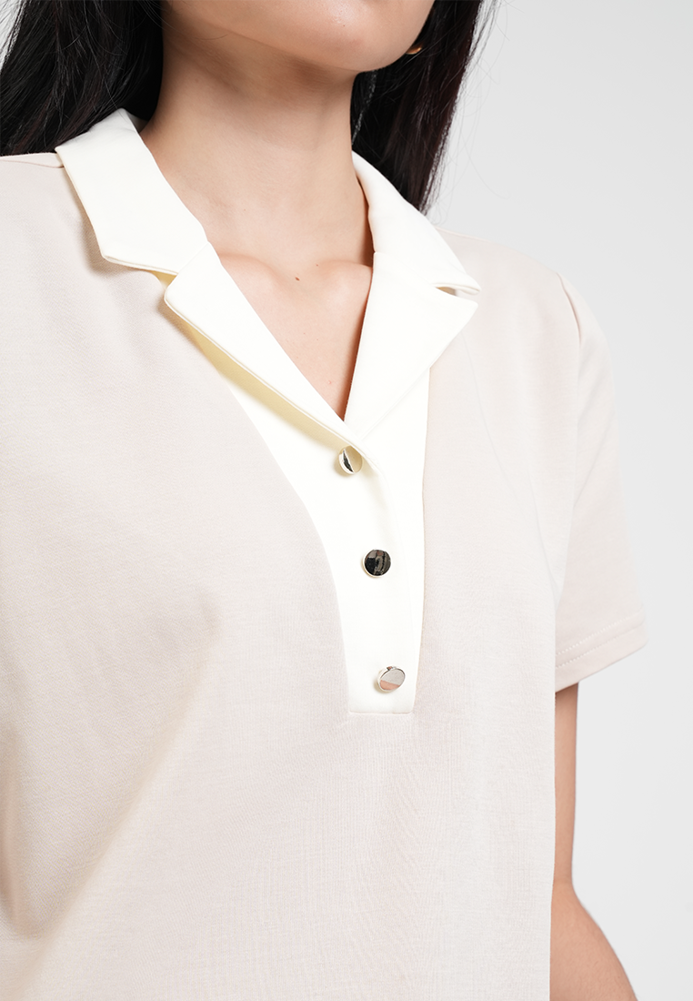 Vesper Button Placket Contrast-Collar Top