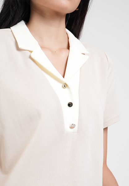 Vesper Button Placket Contrast-Collar Top