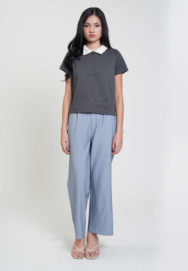 Mariella Contrast Tweed Collar Polo Top