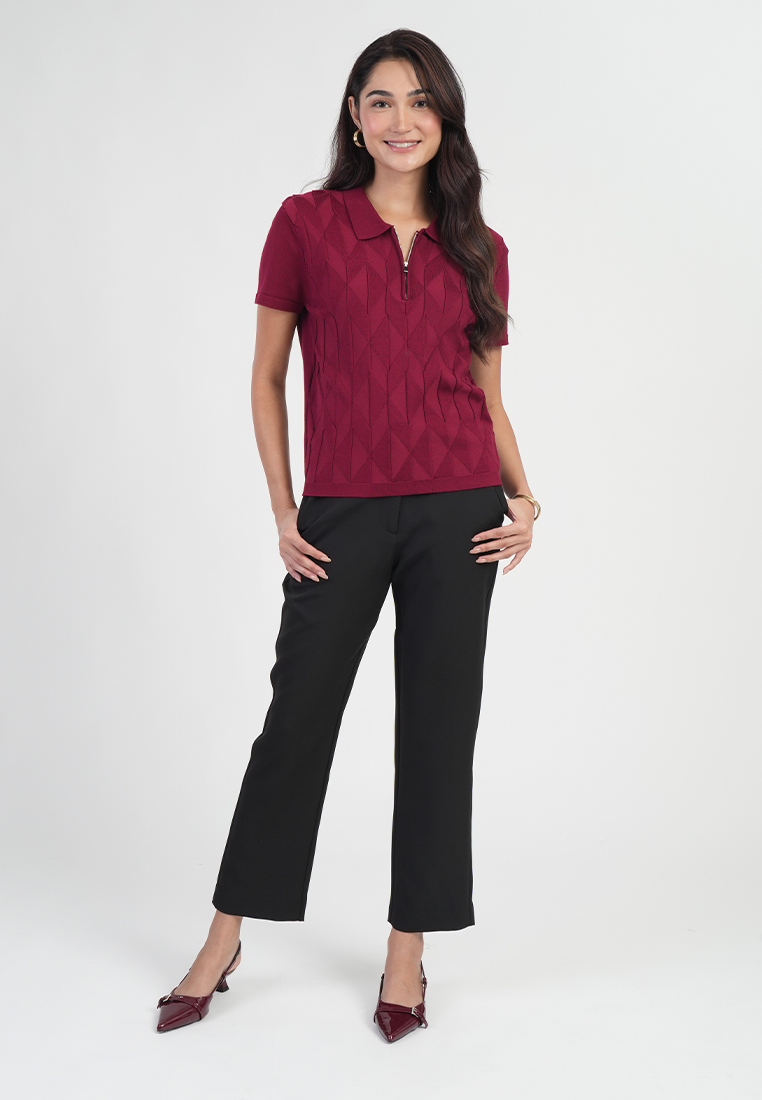 Maren Short Sleeves Polo Neck Diamond Knit Zip Top