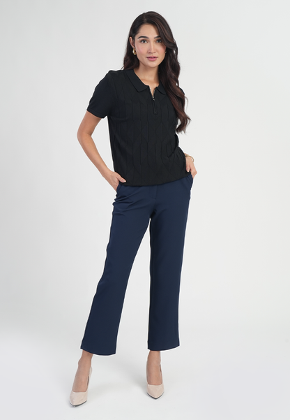 Maren Short Sleeves Polo Neck Diamond Knit Zip Top