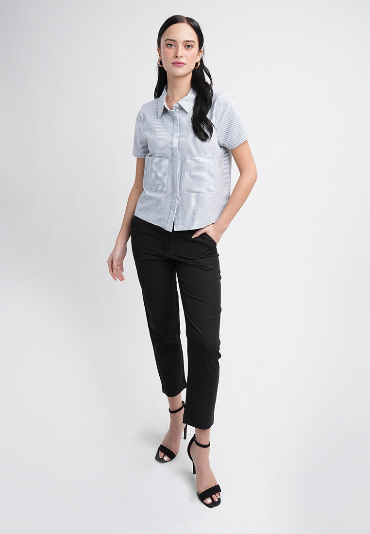 Emma Short Sleeve Striped Collared Button-Up Top Blouse