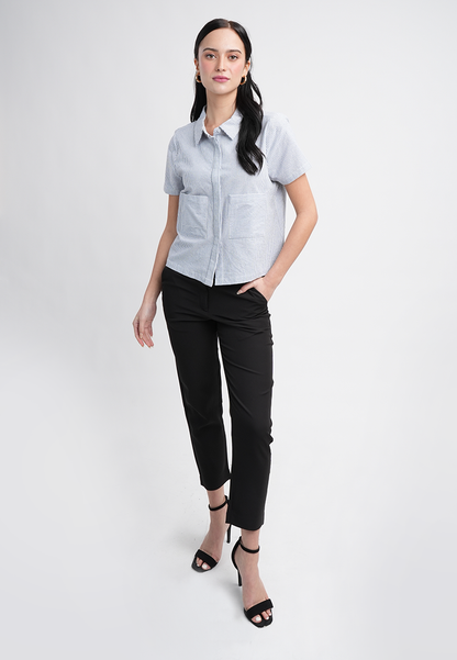 Emma Short Sleeve Striped Collared Button-Up Top Blouse