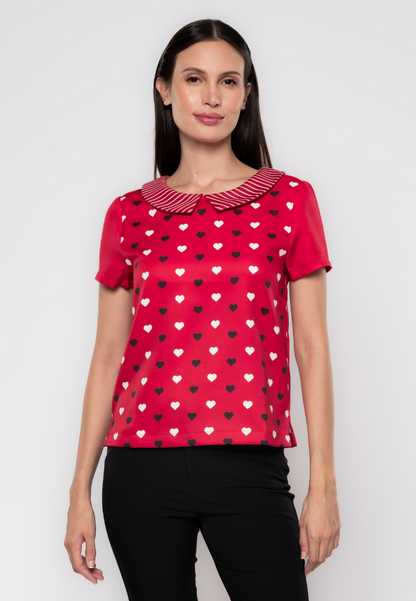 Nixi Heart & Stripes Printed Collared Blouse