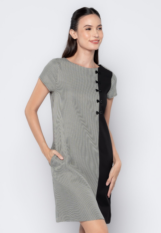 Fabric Mixed Shift Dress With Ribonettes