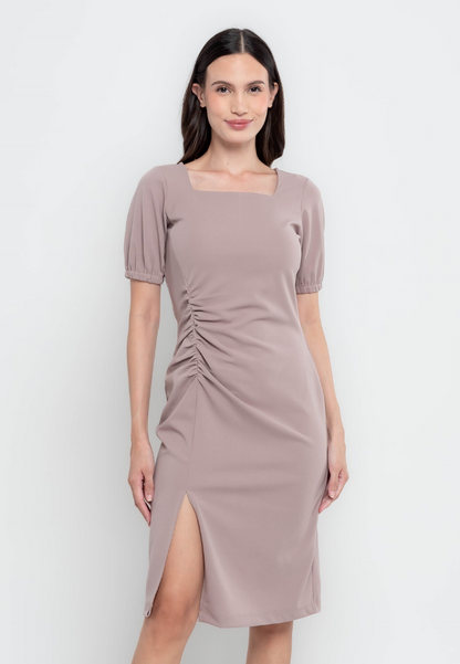 Vanessa Square Neckline Pencil Cut Dress with Rushed Detail