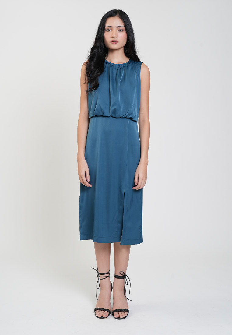 Linden Sleeveless Blouson Midi Dress with Slit