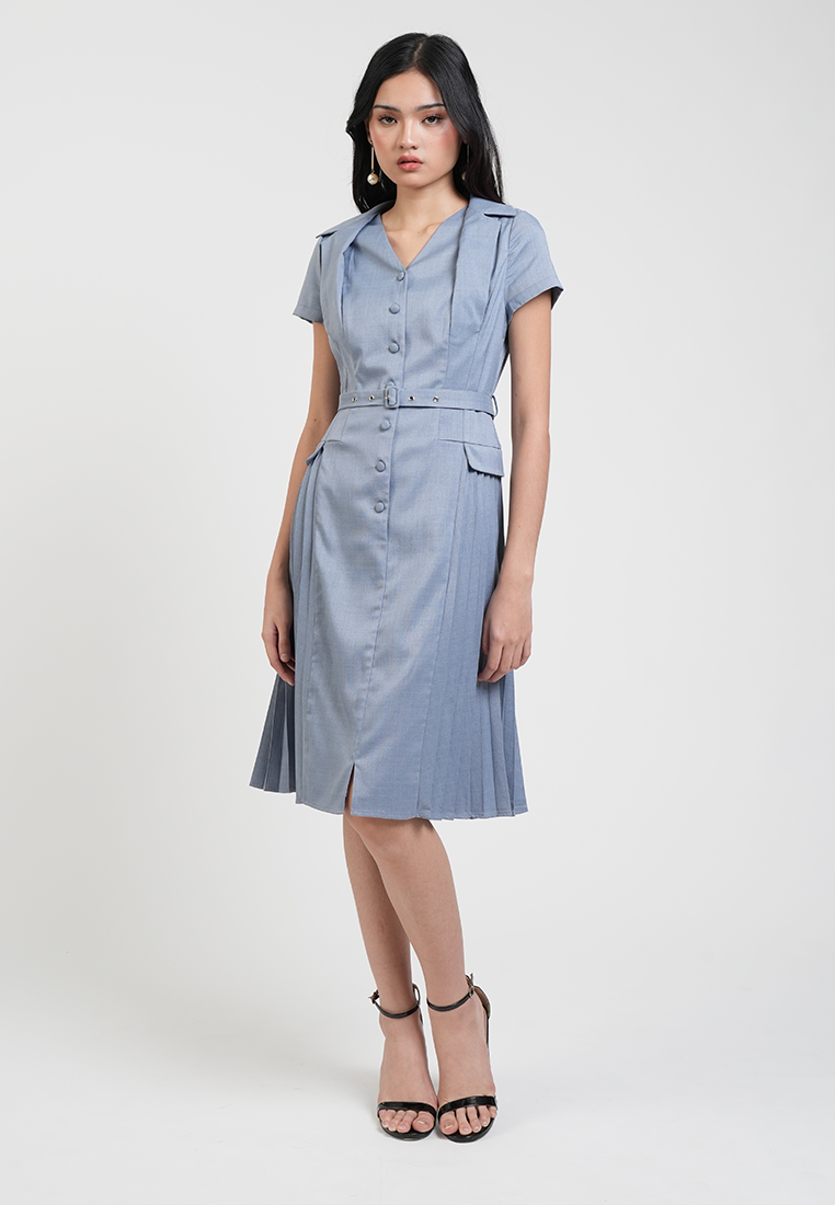 Claudette V-Neck Belted Pleated Hem Midi Dress
