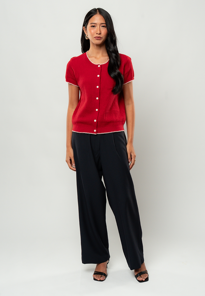 Elena Short-Sleeve Button-Front Knit Cardigan with Contrast Trim