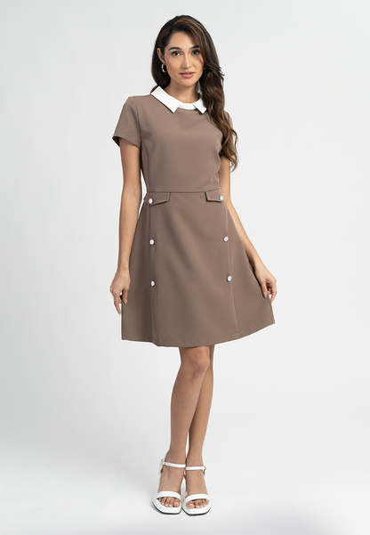Ayla Short Sleeves Contrast Collar A-Line Midi Dress