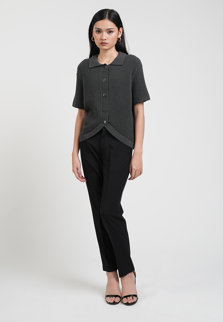 Estelle Collared Ribbed Knit Top with Curved Hem