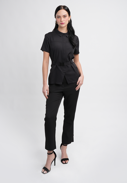 Sophia Belted Collared Top - Short Sleeve Button Blouse