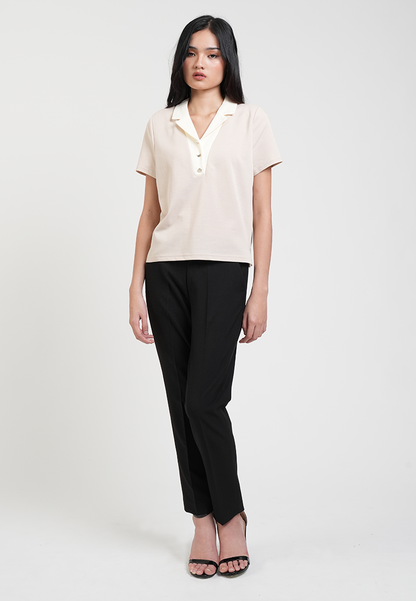 Vesper Button Placket Contrast-Collar Top