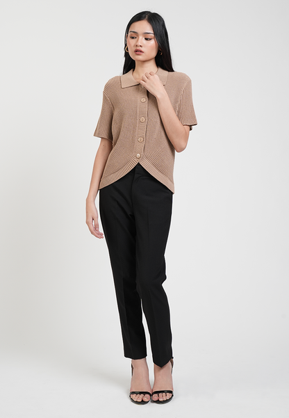 Estelle Collared Ribbed Knit Top with Curved Hem