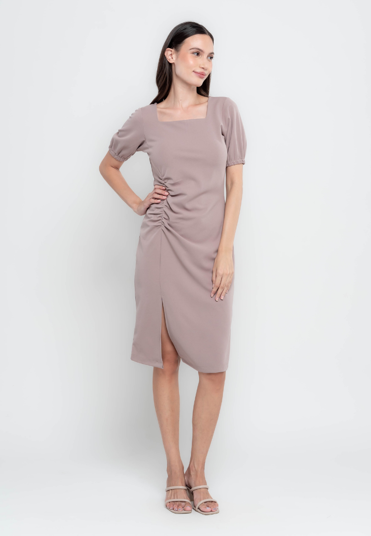pencil cut dress CHLOE Strappy Pencil Cut Midi Dress with Pockets and Trio Floral Detail (Light Sage Linen Blend)