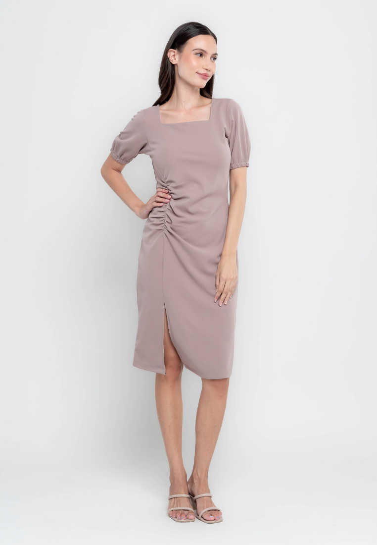 Vanessa Square Neckline Pencil Cut Dress with Rushed Detail