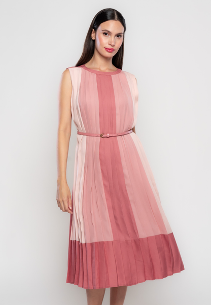 Rosalee Color Blocking Pleated Dress with Adjustable Belt