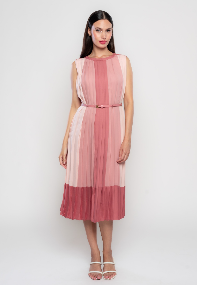 Rosalee Color Blocking Pleated Dress with Adjustable Belt